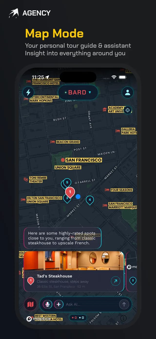 Map Mode on iPhone: place cards for nearby restaurants pinned onto a live map.