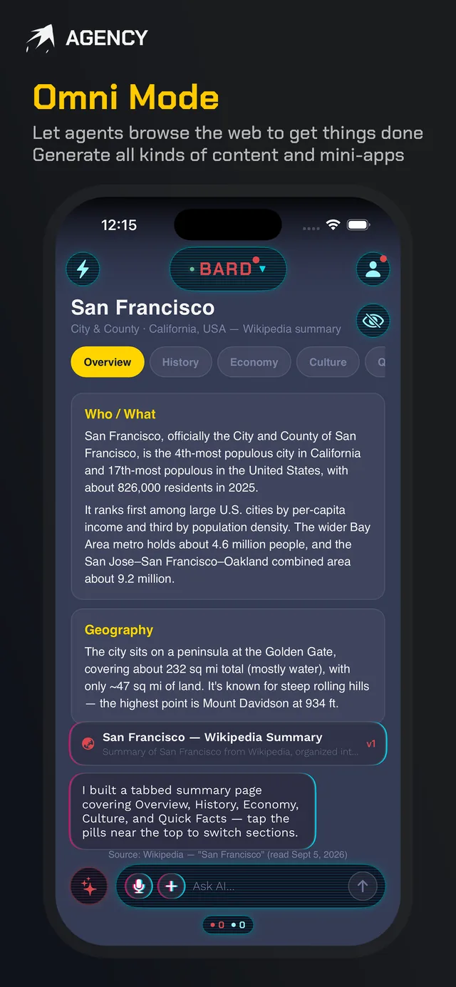 Omni Mode on iPhone: the agent has researched San Francisco on the open web and answered with a tabbed page it built itself.