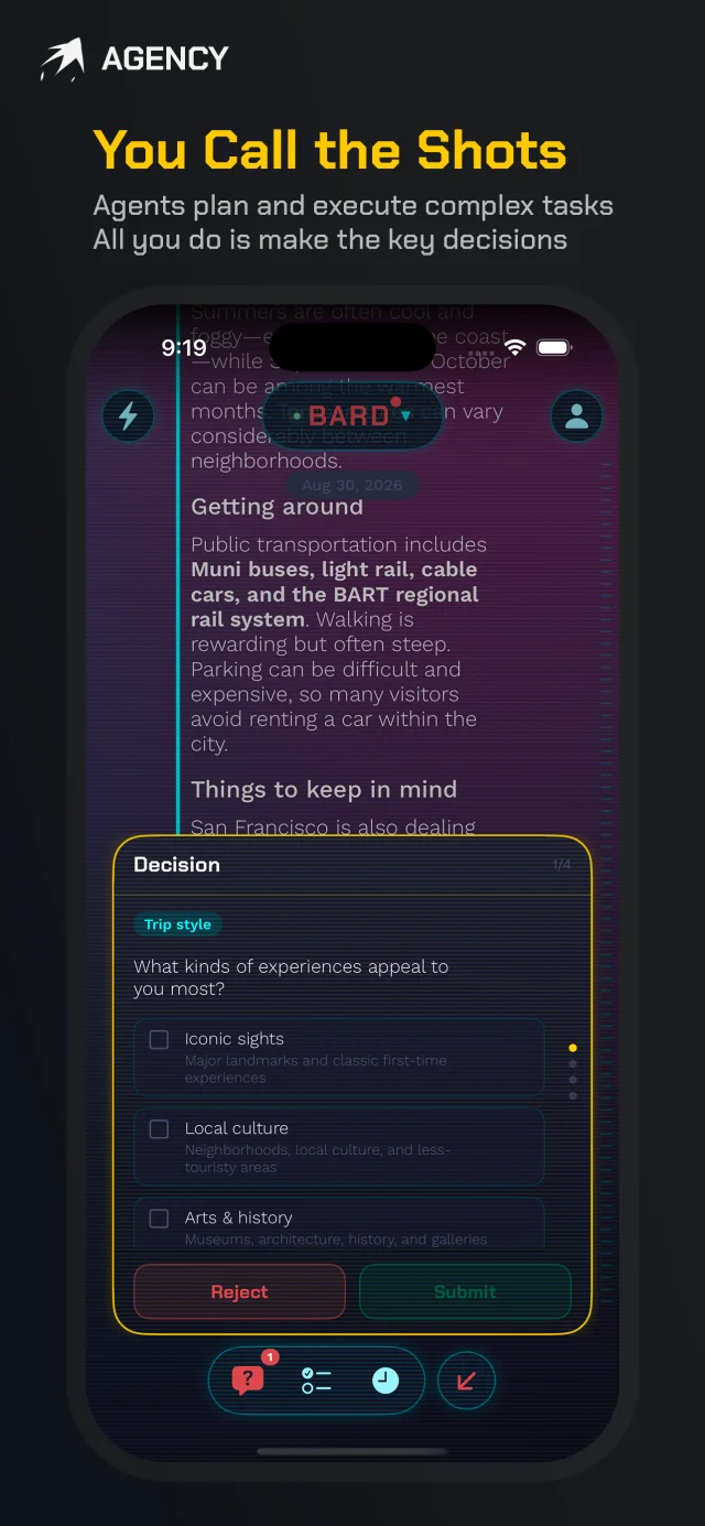 Tasks on iPhone: a running task pauses on a decision card asking which kinds of experiences to plan around.