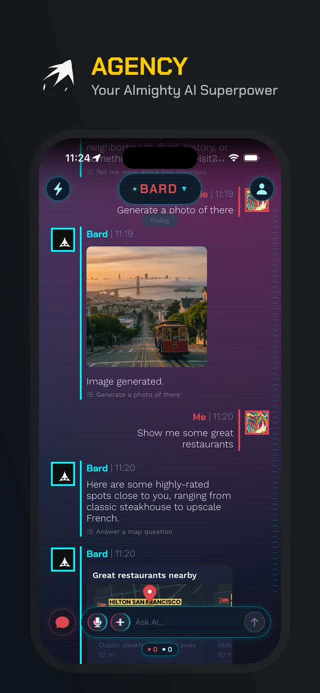Agency on iPhone: a chat with an AI agent that generates an image and then recommends nearby restaurants.